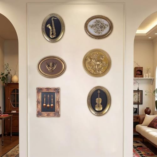 S-MANTIS Vintage Wall Sculpture,Antique Pediment,Hallway Art,Hand Painted Instrument Decoration Accent Artworks for Indoor Kitchen Bedroom Living Room Office Outdoor Garden Patio Oval (Bronze Violin) - Image 6