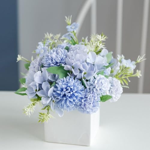 TKAS Fake Flowers Arrangement in Ceramic Vase, Artificial Faux Silk Hydrangea, Small Realistic Dried-Style Floral Centerpiece for Dining Table, Wedding Party Home Decoration (Blue) by TKAS