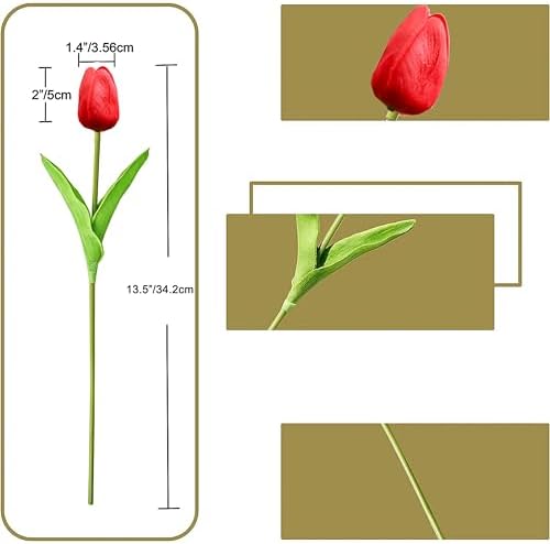 ONLY ART Artificial Red Tulips 20 Pcs – 13.5 Inch PU Faux Flowers with Bendable Stems for Home Décor, Wedding Centerpieces, DIY Floral Arrangements, New Year and Valentine's Day - Image 2