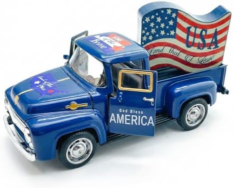 4th of July Decorations, 5.7 Inch Patriotic Blue Metal Truck Decor with God Bless America Sign, Farmhouse Tabletop Centerpiece for Memorial Day and USA 250th Anniversary by YIPRONS