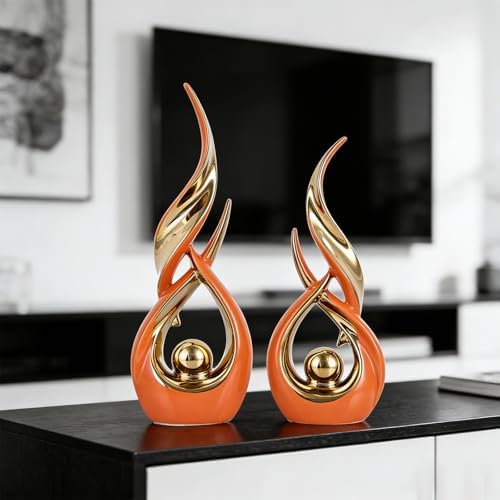 2 PCS Orange Gold Ceramic Statues For Home Decor Accents, Modern Abstract Art Sculptures, Elegant Tabletop Decorative Objects For Dining Room, Entryway, Tv Stand, Mantel, Coffee Table Centerpieces - Image 5