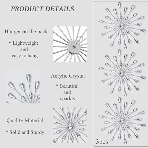 DXYAKY Set of 3 Silver Starburst Metal Wall Art Decor, 11.8 Inch Sparkling Diamond Star Jeweled Teardrop, Elegant Rhinestone Crystal Home Decor Accents, Living Room Bedroom Decorative Wall Sculpture - Image 6