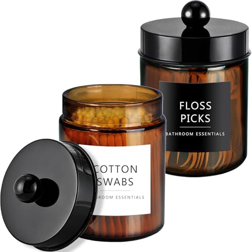 Amolliar Amber Glass Apothecary Jars Qtip Holder w/Plastic Lids,Black 2pc by Amolliar