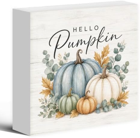 Fall Pumpkin Eucalyptus Botanical Wood Box Sign Desk Decor 5X5 by Luipk