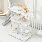 Bathroom Organizer Countertop Perfume Organizer Makeup Organizer Cosmetics Storage Display Rack Vanity Tray Dresser Stainless Steel Gold Shelf White Marble Ceramic Tray by Dobbyby