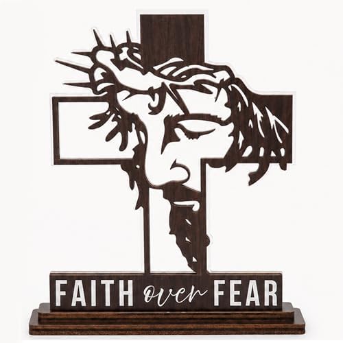 Christian Gifts for Men & Women, Faith Over Fear Wooden Cross Plaque Decor by KATINAT
