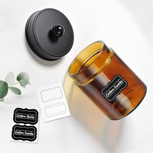 Amolliar Amber Glass Apothecary Jars Qtip Holder w/Metal Lids,Black 2pc - Image 4