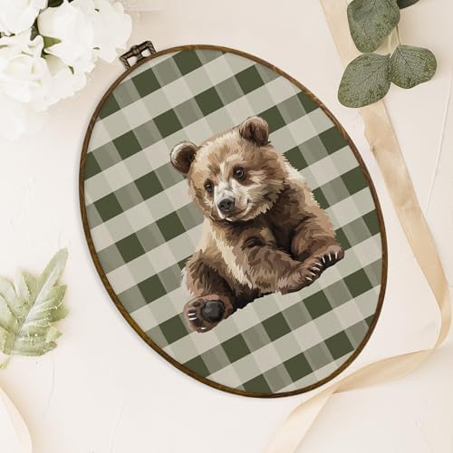 dvhdajed Vintage Bear Oval Wall Art Decor, Cabin Bear Green Checkered Framed Canvas Art, Baby Boys Nursery Decoration, Farmhouse Rustic Animal Wall Hanging Decor for Toddler Room Bedroom,8.7x11.3 In - Image 4