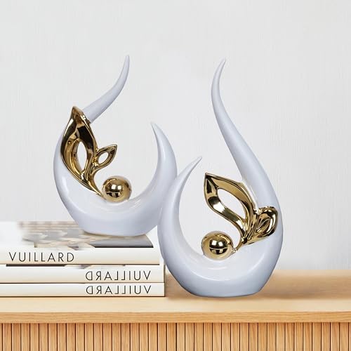 2 PCS White Gold Home Decor Accent Ceramic Statue Abstract Sculptures Centerpieces Mid Century Modern Decor for Tables Coffee Table top Decorations for Living Room Desktop Shelf Dining Room Kitchen - Image 2