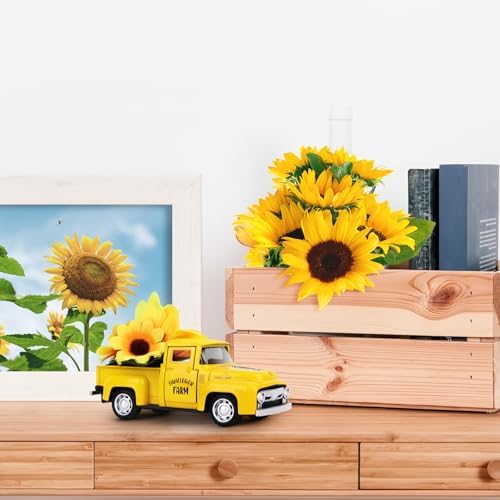 Sunflower Vintage Metal Truck Mini Metal Farm Truck Decor with Sunflower Bouquet Farmhouse Rustic Pickup Tiered Tray Decor for Home Kitchen Shelf Table Decor Yellow - Image 6
