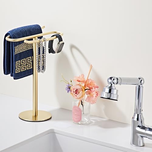 Light Brushed Gold Hand Towel Holder Stand, 13-Inch Tall Freestanding Towel Rack with Weighted Base, SUS304 Stainless Steel Countertop Towel Stand for Bathroom Vanity and Kitchen - Image 6