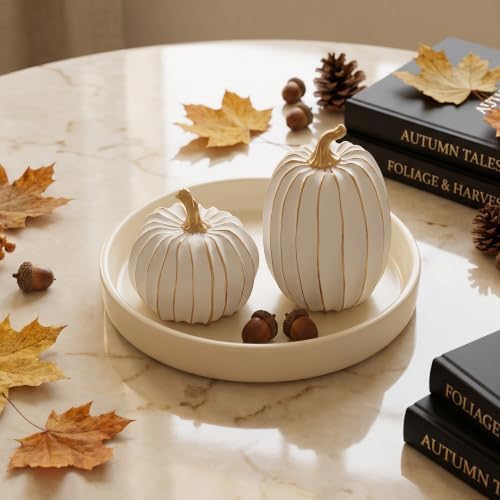 2Pcs Resin Pumpkin Figurines, Gold Stripe Fall Thanksgiving Decor - Image 6