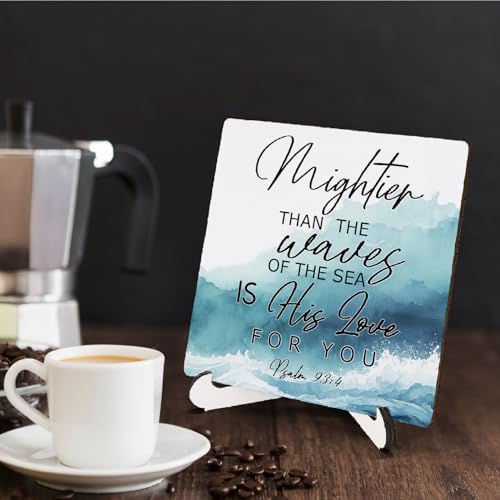 Christian Sign Wooden Decor 5"X5", Psalm 93:4 Wooden Desk Table Sign for Home Shelf Restroom Living Room, Religious Bible Verse Desk Table Gifts for Friends Woman Man (5x5 Inch) - Image 4