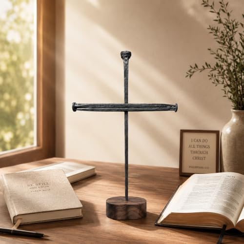 LeMeeOly Jesus Christ Crucifixion Nail Metal Cross Wooden Base, Baptism & Religious Gifts for Men Women,Christian Home Decor (Large (12" L x 8" W)) - Image 3