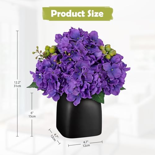 Briful Faux Purple Hydrangea Arrangement, Matte Black Vase Centerpiece - Image 4