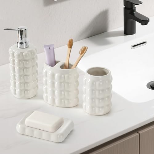 4 Piece Ceramic Bathroom Accessories Set –Soap Dispenser,Toothbrush Holder,Tumbler & Soap Dish,Includes Silicone Funnel,Non-Slip,Modern Farmhouse Countertop Organizer Set for Bathroom Decor, White - Image 2