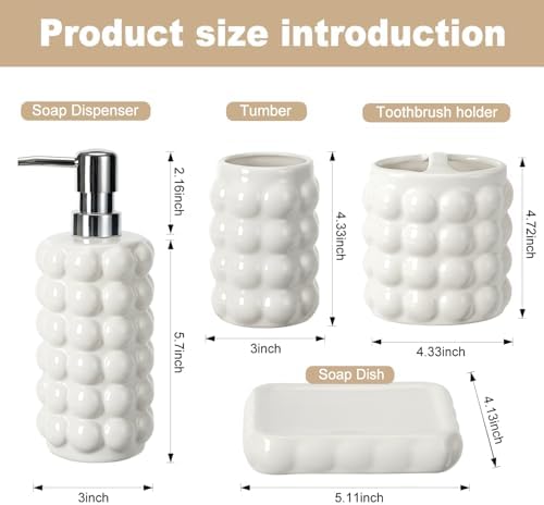 4 Piece Ceramic Bathroom Accessories Set –Soap Dispenser,Toothbrush Holder,Tumbler & Soap Dish,Includes Silicone Funnel,Non-Slip,Modern Farmhouse Countertop Organizer Set for Bathroom Decor, White - Image 3
