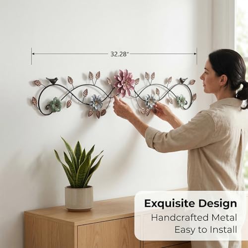 Birminwind Metal Flower Wall Art above Door: 3D Floral Wall Décor above Window with Bird Leaves - 32.28" French Country Decoration above Bed Couch Tv (Colorful) - Image 3