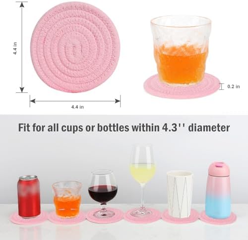 ABenkle 8 Pcs Drink Coasters with Holder, Cotton Woven Absorbent Coasters for Drinks, Minimalist Home Decor Coaster Set for Wooden Tabletop Protection Table, 4.3 inches Bright Pink - Image 2