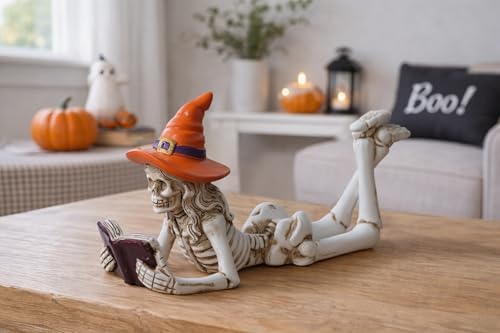 Dlfghos Halloween Skeleton Statue Halloween Skull Figurine Home Decor Reading Skeleton Figurines Decorations for Indoor Fireplace Home Kitchen Desk Office Party - Image 3