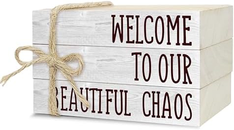 Decorative Books For Home Decor, Rustic Wood Book Stack For Table Decor, Welcome To Our Beautiful Chaos Decor Books For Living Room Bookshelf, Farmhouse Stacked Books Decor (L20) by Ycyfckdr