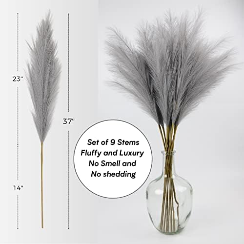 Faux Pampas Grass, Set of 9 Stems 37'' Tall Fluffy Fake Pompas Floral, Large Artificial Pompous Branches for Floor Vase Fillers, Pompas Decorativas, Boho Farmhouse Wedding Home Decor(Grey) - Image 4