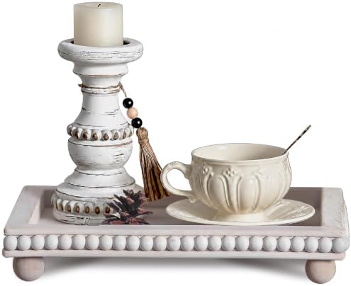 Decorative Coffee Table Tray, 13.5 x 9.7 Inch White Washed Wooden Beaded Tray with Removable Legs, Rustic Farmhouse Rectangular Tray for Coffee Table, Kitchen Counter and Vanity Decor by FZBCTLDZ
