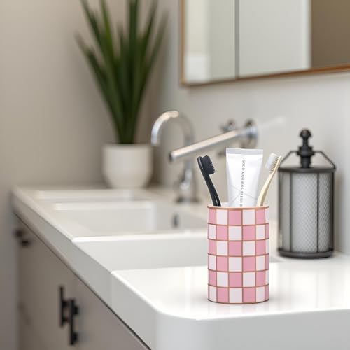 Checkered Bathroom Toothbrush Holder, Bathroom Black and White Ceramic Toothbrush Holder, Modern Toothbrush Box, Used for Bathroom countertop Storage Rack, Checkered Bathroom Decoration (Pink) - Image 3