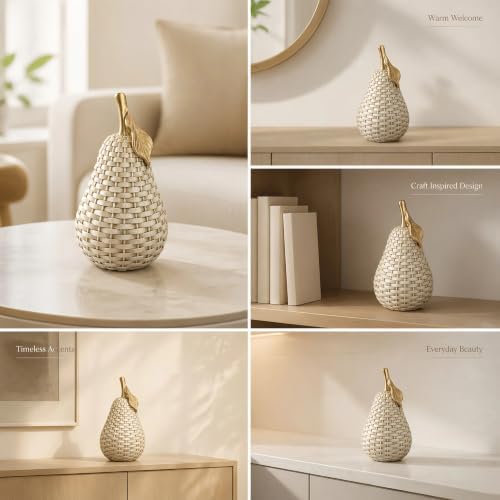 Woven Pear Decor, Decorative Fruit Figurine with Gold Stem, Resin Pear Sculpture, Farmhouse Tabletop Decor for Living Room, Kitchen, Shelf - Image 5