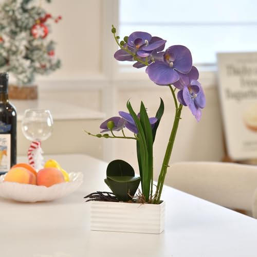 Artificial Real Touch Orchid Flowers with White Ceramic Vase, Lavender - Image 4