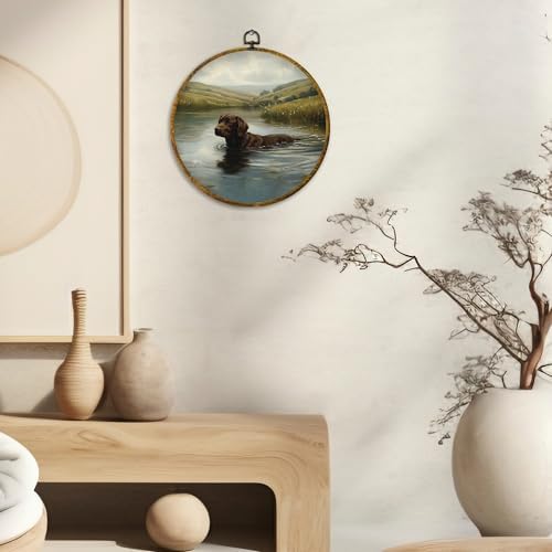 CUANFDDSF Rustic Country Chocolate Labrador Retriever Round Wall Art, Chocolate Lab Gifts Framed Hanging Wall Decor, Antique Farmhouse Dog Canvas Prints Decorations for Bedroom, 10x10 Inch - Image 2