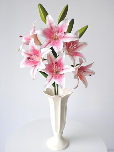 JINWOE 2 Pcs Pink Stargazer Lily Artificial Flowers, Long Stem 28" 6 Heads Artificial Lily Silk Flowers, Full Bloom Easter Faux Tiger Lily for Christmas Home Hote Tall Vase Arrangement Decor by JINWOEArtificialFlowers