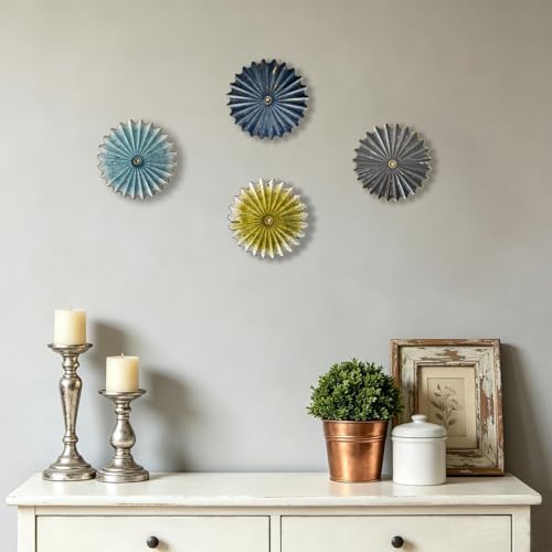 Metal Wall Flower Decor 11.4'' Navy Blue Gold Sunburst Floral Wall Art - Image 6