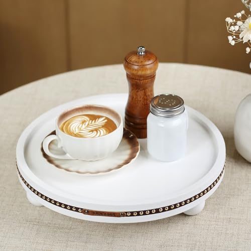 Round Wooden Decorative Tray Coffee Table Tray Home Decor 11.8" White - Image 4