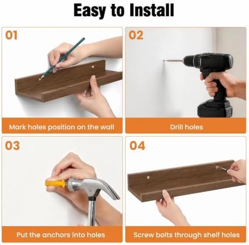 24inch Long Floating Shelves for Wall Decor, 5-Set Shelves with Lip, Walnut - Image 5