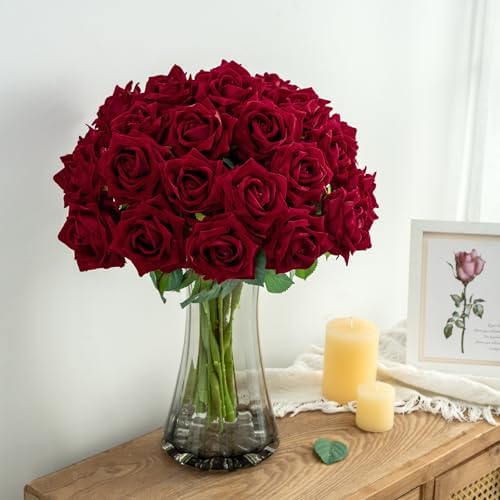 Ttranewsoo 24PCS Red Roses Artificial Flowers, Realistic Fake Roses with Stems for DIY Rose Bouquets, Romantic Centerpieces, Anniversary, Party & Home Decor, 16.5 Inch by Ttranewsoo