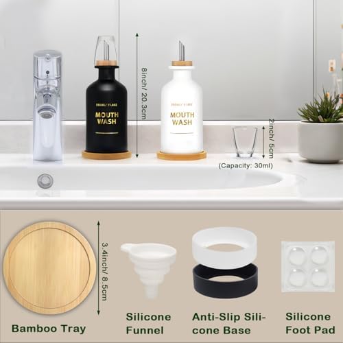 Mouthwash Dispenser for Bathroom 11.8oz – Glass Mouthwash Bottle with Cup & Bamboo Tray, Gold Hot-Stamped Lettering, Silicone Base, Modern Bathroom Accessory (Black & White, 11.8oz, 2pack) - Image 6