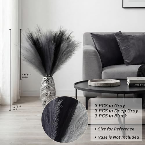 Faux Pampas Grass Decor, 9 PCS 37''/3.1FT Tall Fluffy Black Gray Fake Pompas Floral, Large Artificial Pompous Grass Branches for Floor Vase Fillers, Boho Farmhouse Room Wedding Decor - Image 3