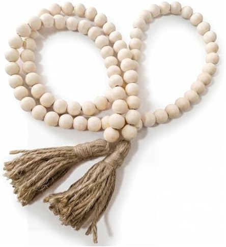 RGB World Farmhouse Beads Long Length Solid Wood Bead Boho Tassel Garland - Rustic Country Solid Beaded Boho Chic Decor for Wall, Above Cabinet & Table by RGB+World