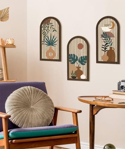 Putuo Decor Boho Wall Art, Abstract Botanical Room Decorations with Leaf & Sun Lines, Modern Minimalist Wooden Wall Decor 16x8 In Mid Century Artwork for Living Room Bedroom Office Set of 3 - Image 6