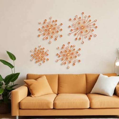 Blulu 4 Pcs Metal Wall Art Starburst Decor with 3D Rhinestone, Orange - Image 4