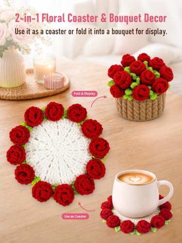 Crochet Flower Bouquet Coasters, Cotton Rose Gifts for Home Decor 1Pc - Image 6