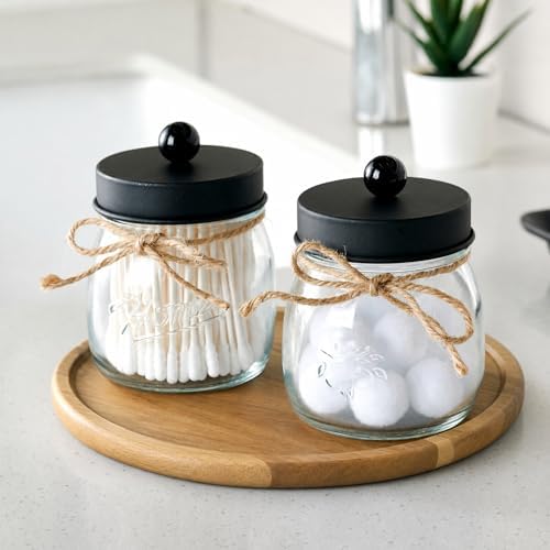 SheeChung 4 Pack Glass Mason Jar Qtip Holder, Black Stainless Steel Lids - Image 2