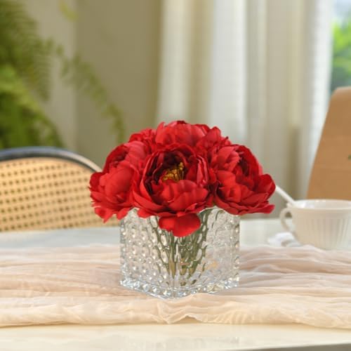Artificial Peony Silk Flower Centerpieces with LED Light Faux Floral Arrangement in Glass Vase for Home Wedding Table Decoration (Dark Red) - Image 6