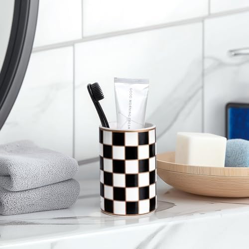 Checkered Bathroom Toothbrush Holder, Bathroom Black and White Ceramic Toothbrush Holder, Modern Toothbrush Box, Used for Bathroom countertop Storage Rack, Checkered Bathroom Decoration (Black) - Image 3