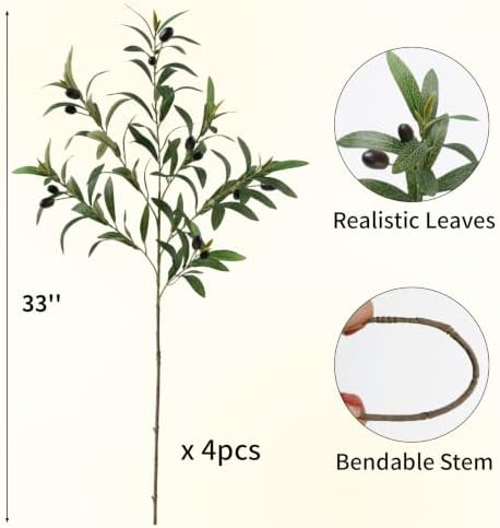Leftover 4 Pcs 33.4'' Faux Tall Olive Branches for Vase Realistic,Tall Faux Greenery for Vase,Fake Plants,Eucalyptus Stems,Faux Stems for Centerpieces Decoration,Home Decor,Coffee Table Decor - Image 2