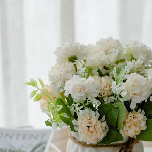 TKAS Fake Flowers Arrangement in Ceramic Vase, Artificial Faux Silk Hydrangea, Small Realistic Dried-Style Floral, Dining Table Centerpiece for Wedding Party Home Decoration (White) - Image 3