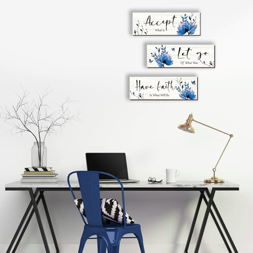 3 Pcs Blue Bathroom Decor Rustic Flower Wall Art Accept Let Go Have Faith Farmhouse Bedroom Wall Decor Wooden Inspirational Quotes Decorations for Living Room Bathroom Bedroom(Blue, 12 x 4 Inches) - Image 2
