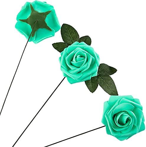 Artificial Flower Foam Rose 25pcs Real Looking Fake Rose with Stems Leaves for Home Decoration Party Garden Centerpieces DIY Wedding Bouquets（Tiffany） - Image 3