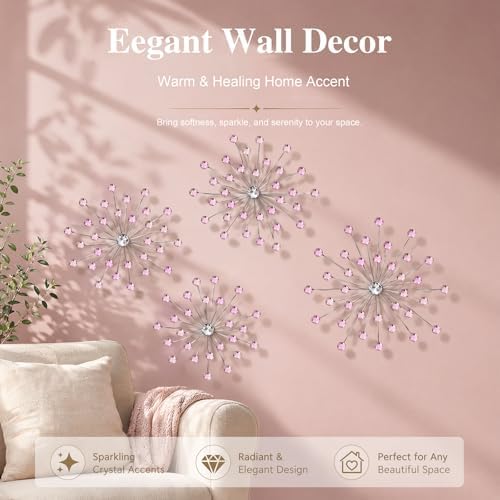 ZEXUIRU 4 Set Silver Starburst Wall Art for Home Decor Metal Bling Crystal Rhinestones Sunburst Wall Decor Sparkling Rhinestone Art Accent Silver - 13 in - Image 4